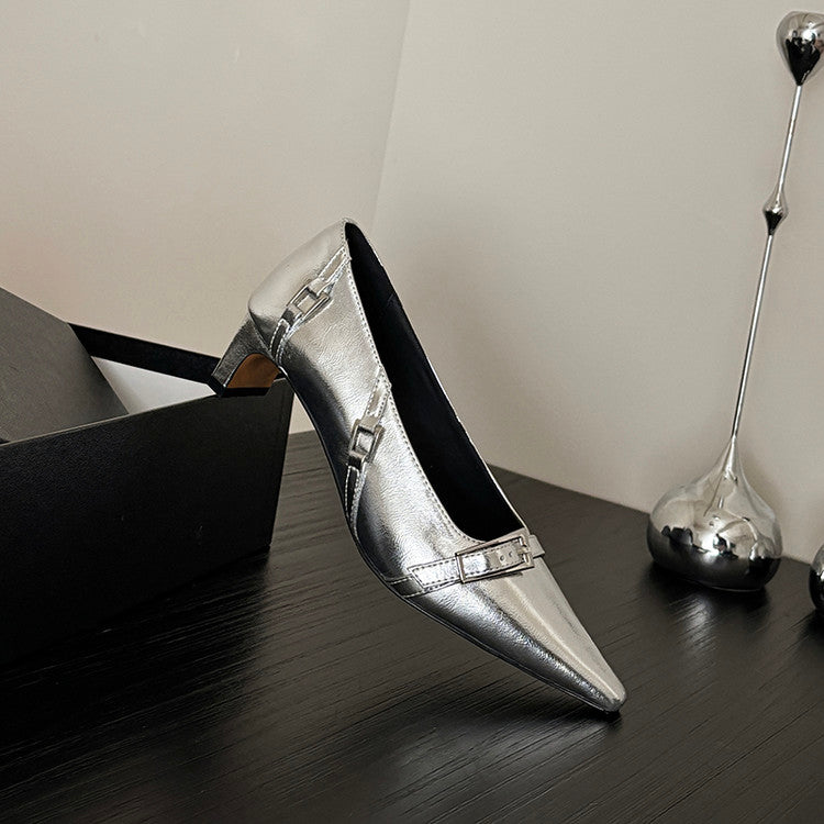 Karin Luna In Stock In Stock Retro Belt Buckle Small Square Toe Chunky Heel Single Shoes