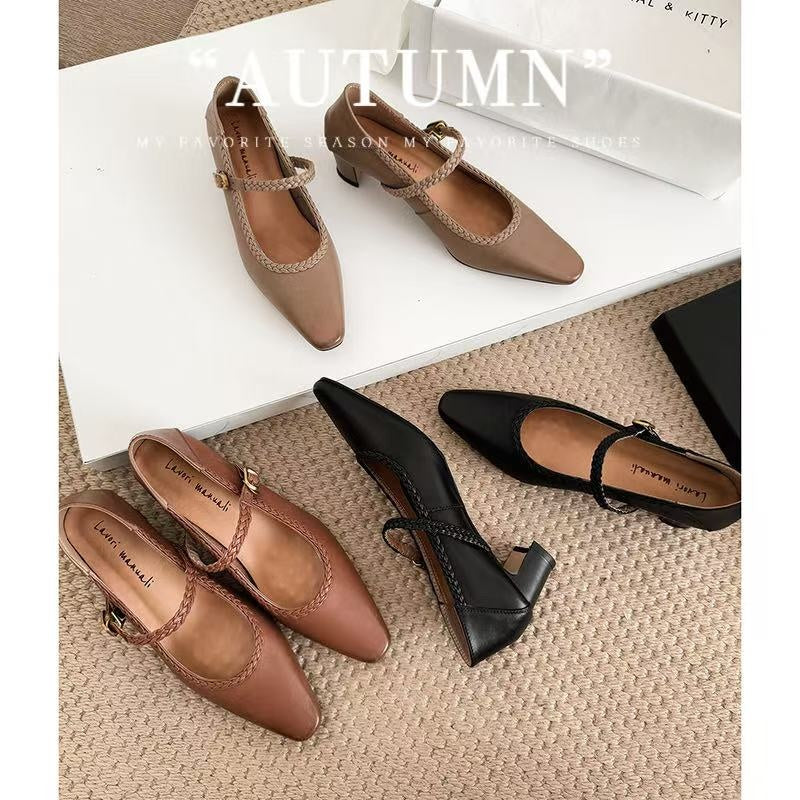 Karin Luna Braided Element Design Chunky Heel Square Toe Single Strap Shoes