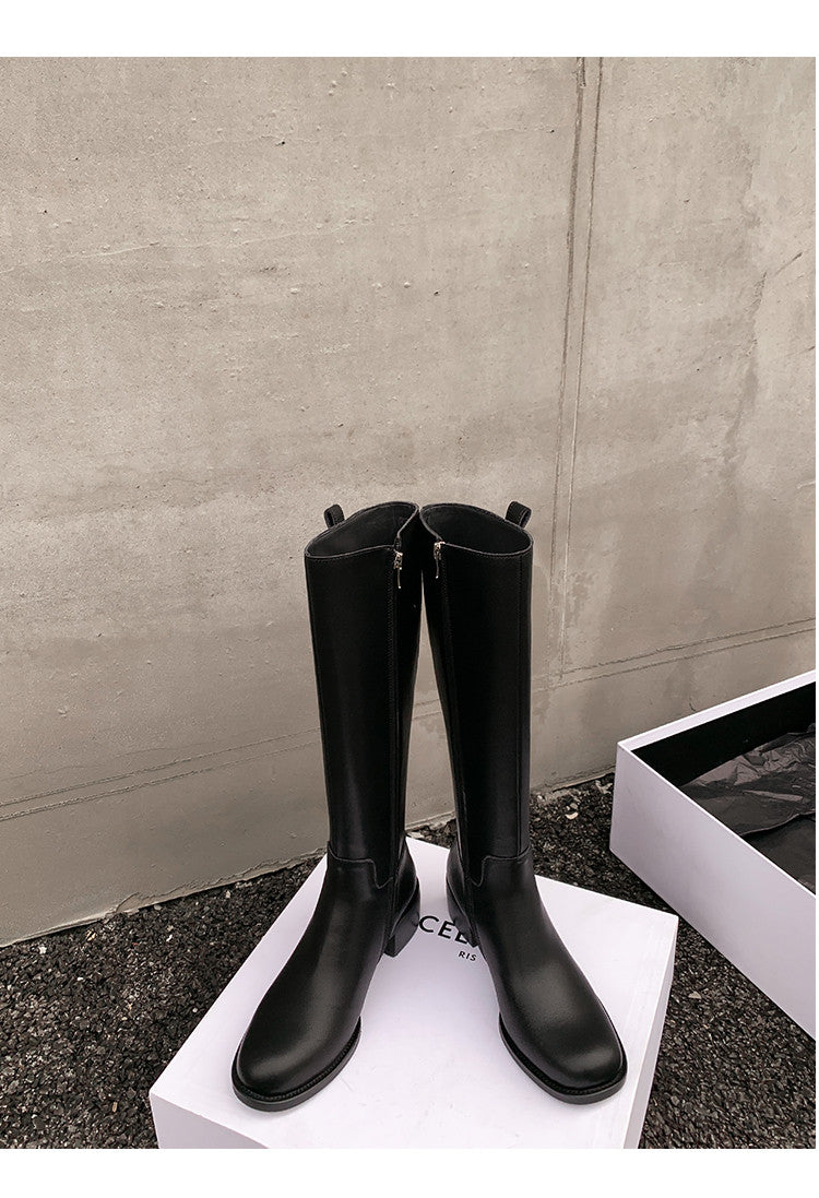 Karin Luna In Stock Spot Goods Basic Retro Square Toe Chunky Heel Riding Boots