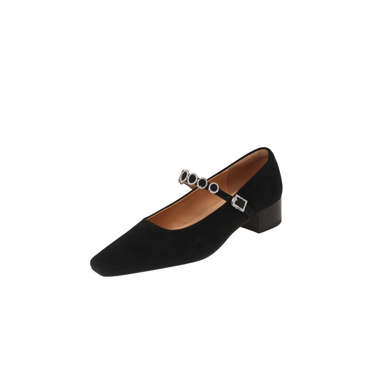 Karin Luna In Stock Spot Goods  Vintage Full Leather Square Toe Rhinestone Strap Shallow Mouth Single Shoes