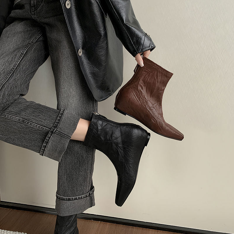 Karin Luna In Stock Spot Goods Slim Series  Hidden Wedge Small Square Toe Back Zipper Short Boots
