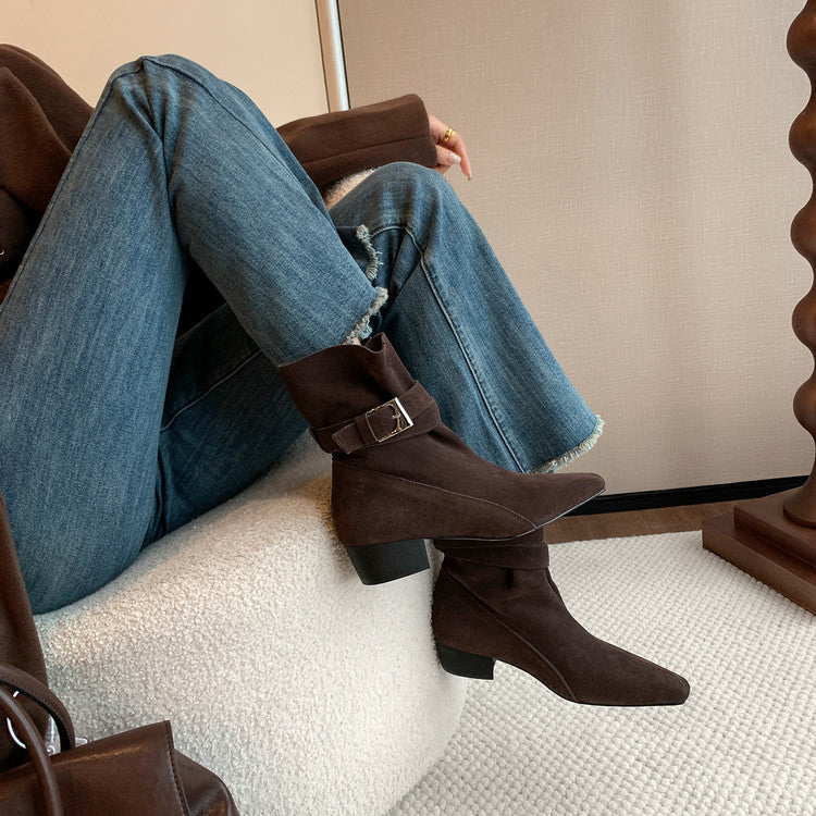 Karin Luna In Stock In Stock Hot-Selling Basic Old Money Style Retro Belt Buckle Short Boots