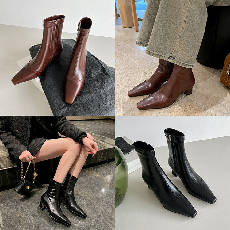 Karin Luna Elegant Small Square Toe Chunky Heel Slim Boots