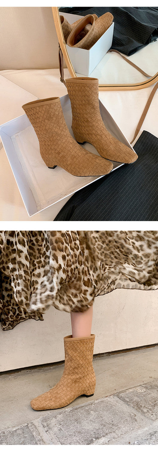 Karin Luna Handmade Woven Fabric Small Square Toe Hidden Heel Short Boots