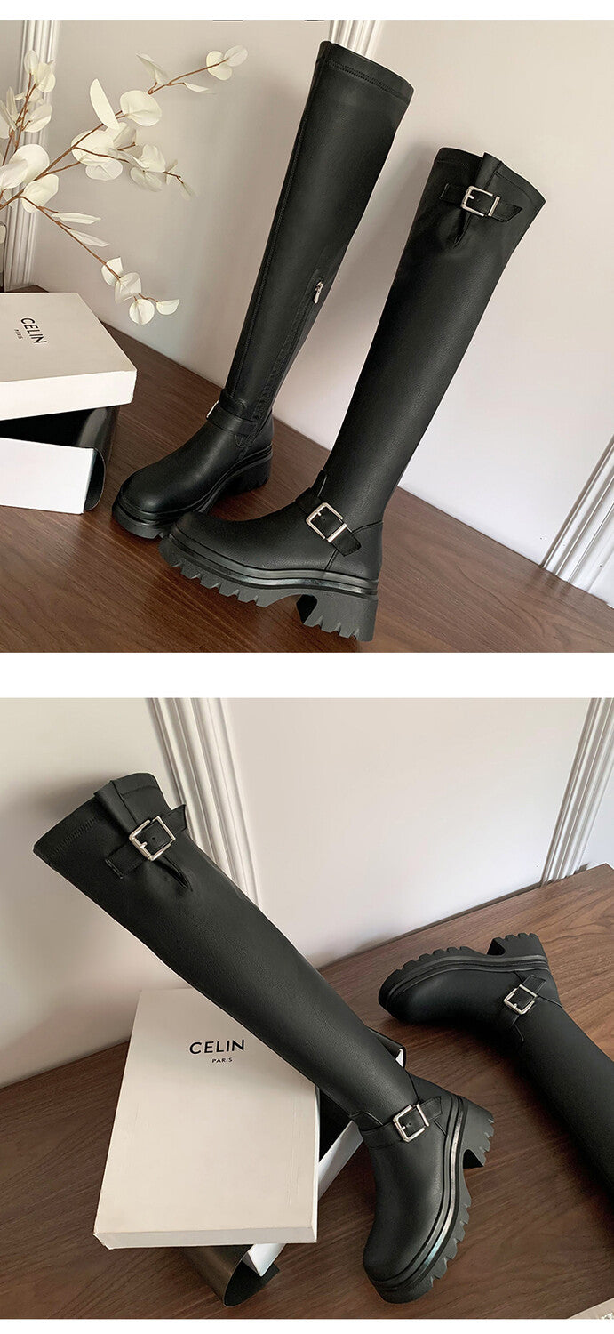 Karin Luna In Stock   Thick Sole Round Toe Basic Versatile Casual Long Boots