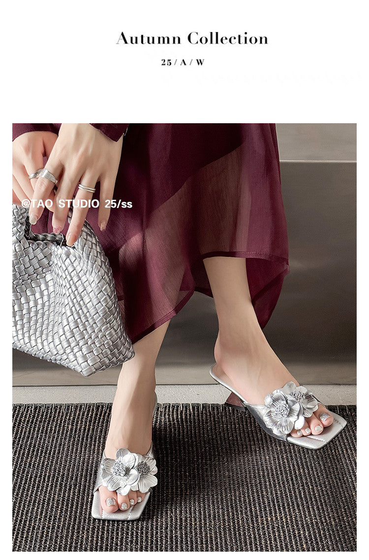 Karin Luna In Stock Spot Goods Camellia Classic style retro square toe shaped heel slippers