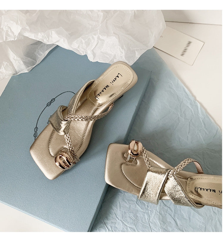 Karin Luna Braided Style ~Cross Strap Square Toe Irregular Heel Slippers