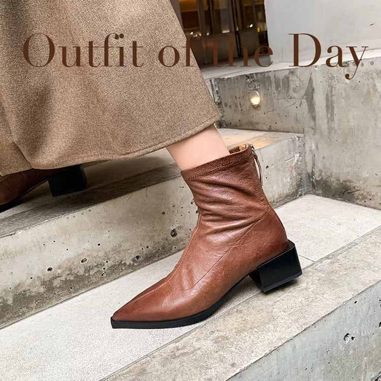 Karin Luna Elegant Style Pointed Toe Chunky Heel Short Boots