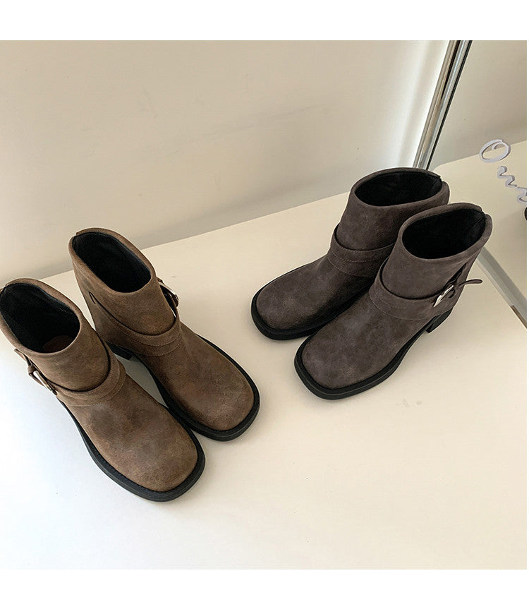Karin Luna In Stock Spot Goods Versatile Basic Round Toe Belt Buckle Thick Sole Tube Boots