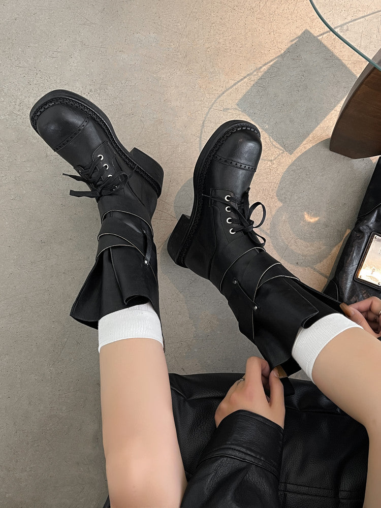 Karin Luna Bestseller Hot-Selling Large Tube Leather Belt Buckle Round Toe Thick-Soled Short Boots