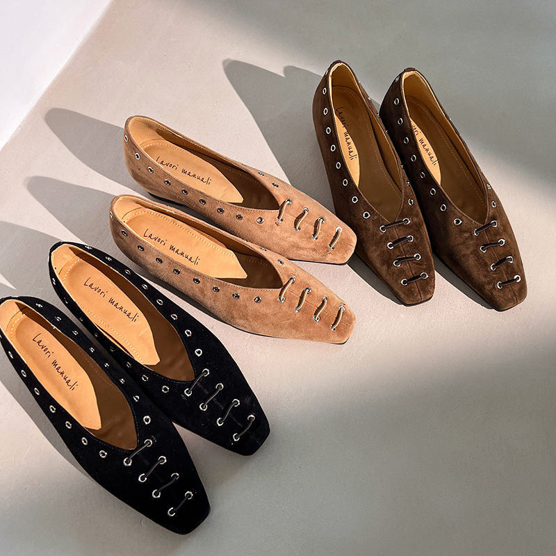 Karin Luna In Stock Spot Goods    Old Money Style Square Toe Suede Flats