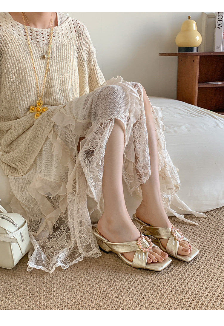 Karin Luna In Stock In Stock Elegant Square-Toe Cross-Strap Rhinestone Square-Toe Slippers
