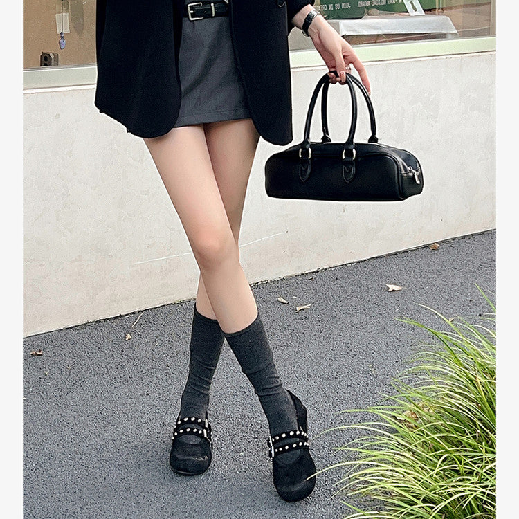 Karin Luna Hot Item Hot Item Punk Style One-Strap Round-Toe Suede Leather Height-Increasing Flats