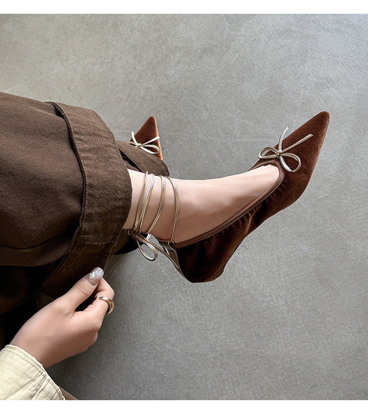 Karin Luna In Stock In Stock Retro Velvet Pointed Toe Bowknot Single Shoes