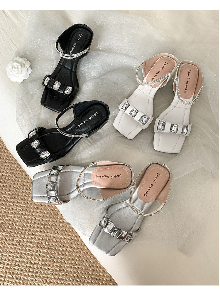 Karin Luna Bestseller Popular Rhinestone Ribbon Square Toe Slippers