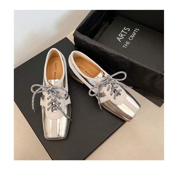 Karin Luna In Stock Spot Goods   Pig Nose Thin Strap Square Toe Patchwork Single Shoes