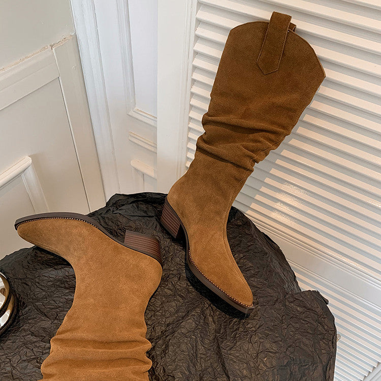 Karin Luna Elegant Style  Pointed Toe Wrinkled Wide Western Boots