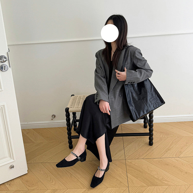 Karin Luna In Stock Spot Goods  Vintage Full Leather Square Toe Rhinestone Strap Shallow Mouth Single Shoes