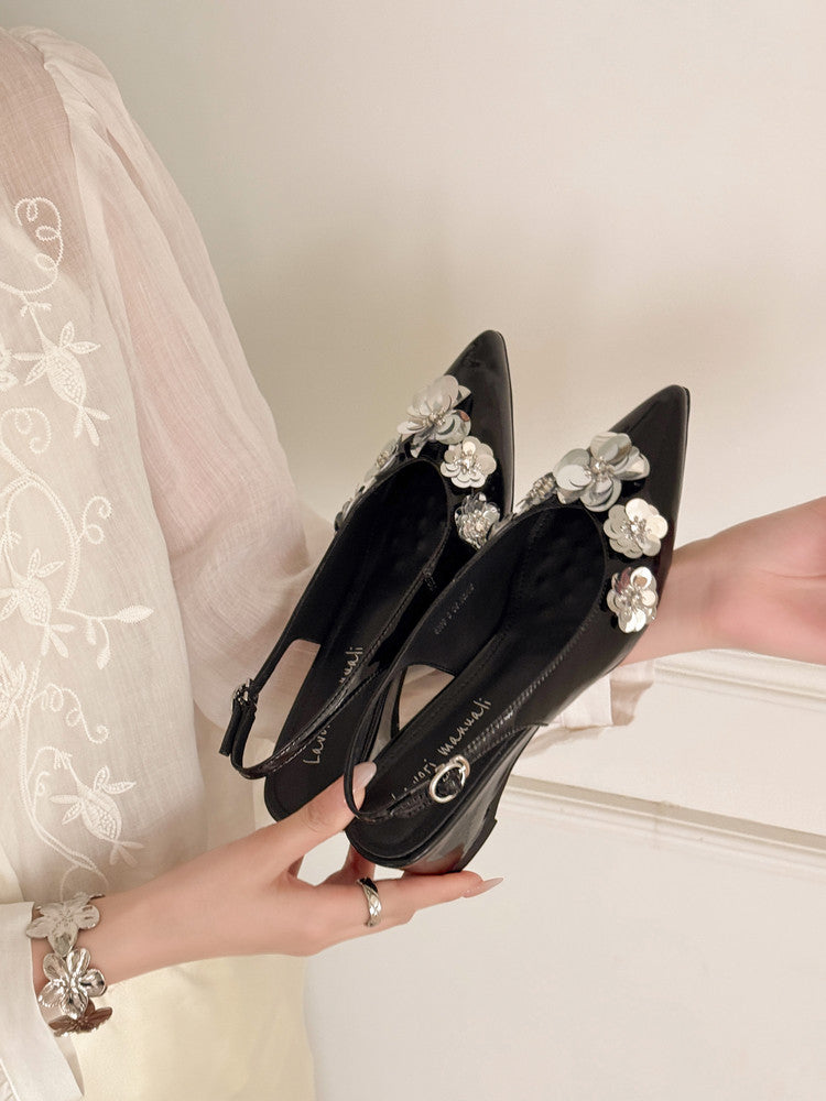 Karin Luna In Stock In Stock  Sequin Floral Pointed Toe Chunky Heel Closed-Toe Sandals