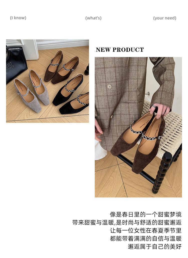 Karin Luna In Stock Spot Goods  Vintage Full Leather Square Toe Rhinestone Strap Shallow Mouth Single Shoes