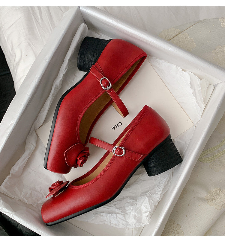 Karin Luna In Stock Spot Goods  Vintage Three-Dimensional Camellia Square-Toed Mary Jane Shoes