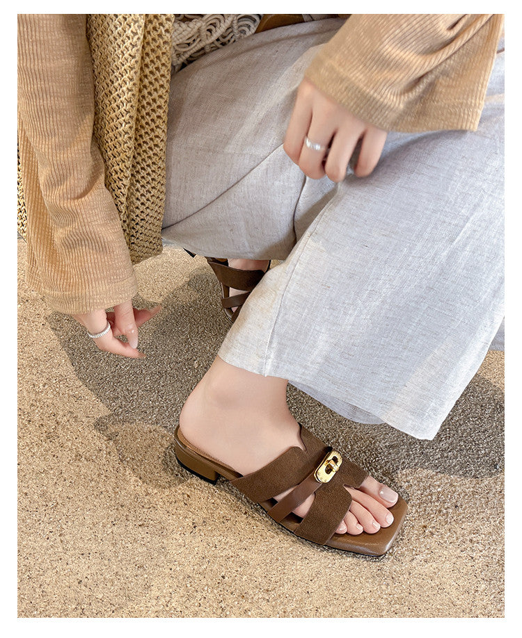 Karin Luna Comfortable Gold Buckle Square Toe Chunky Heel Casual Style Slippers