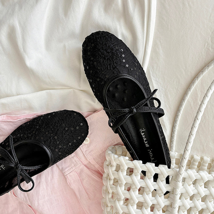 Karin Luna In Stock Spot Goods  Summer Breathable Retro Embroidered Bow Granny Shoes