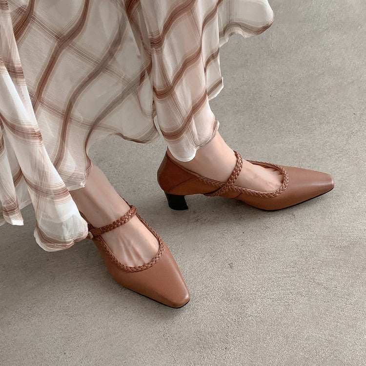 Karin Luna Braided Element Design Chunky Heel Square Toe Single Strap Shoes