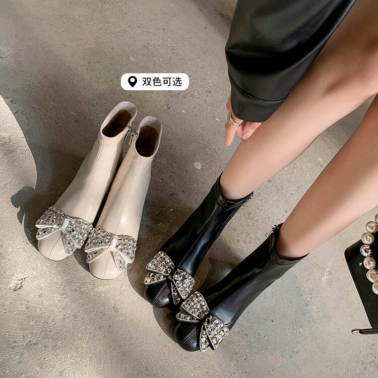 Karin Luna In Stock   Rhinestone Bow Thick Heel Slim Boots