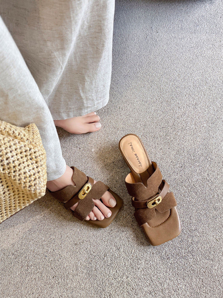 Karin Luna Comfortable Gold Buckle Square Toe Chunky Heel Casual Style Slippers
