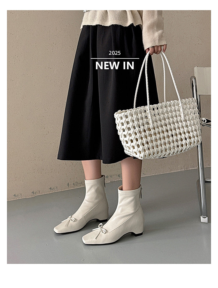 Karin Luna French Style Square Toe Bowknot Hidden Wedge Slim Boots