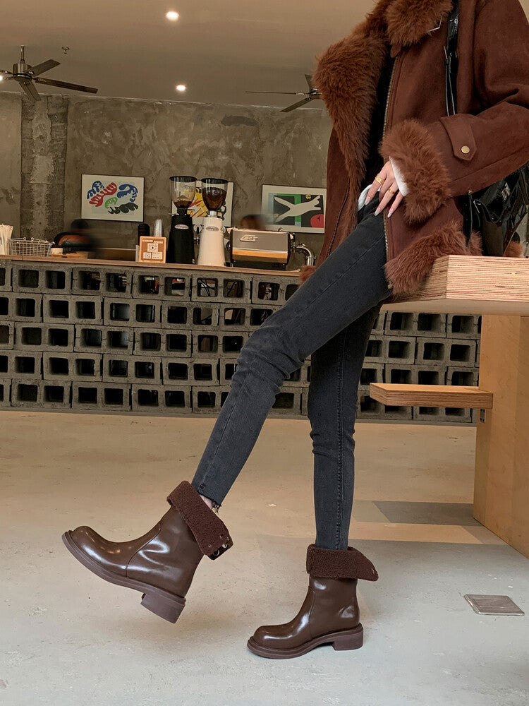 Karin Luna Classic Basic Style   Convertible Foldable Hidden Buckle Snow Fur Shoes Full cowhide Basic Flat Short Boots