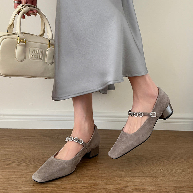 Karin Luna In Stock Spot Goods  Vintage Full Leather Square Toe Rhinestone Strap Shallow Mouth Single Shoes