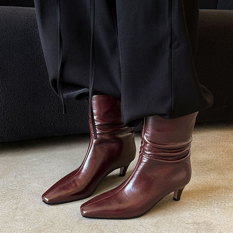 Karin Luna In Stock Spot Goods  Retro Wrinkled Small Square Toe Short Boots