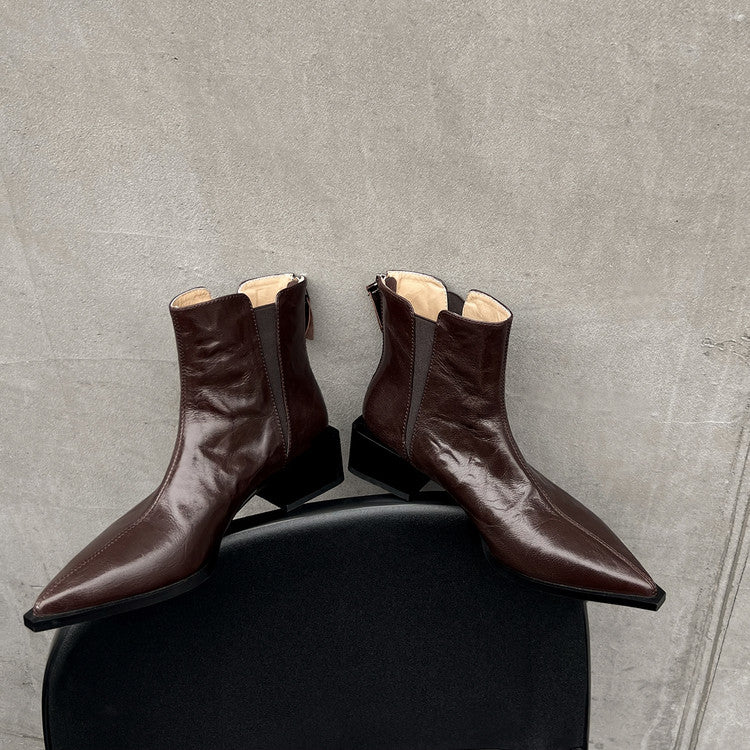 Karin Luna In Stock Spot Goods Elegant Stretch Fabric Patchwork Pointed Toe Chunky Heel Short Boots