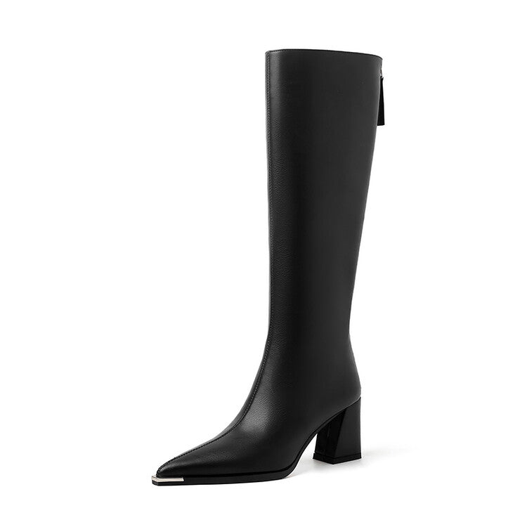 Karin Luna In Stock  In Stock Elegant Metal Pointed Toe Chunky Heel Full Cowhide Leather Riding Boots