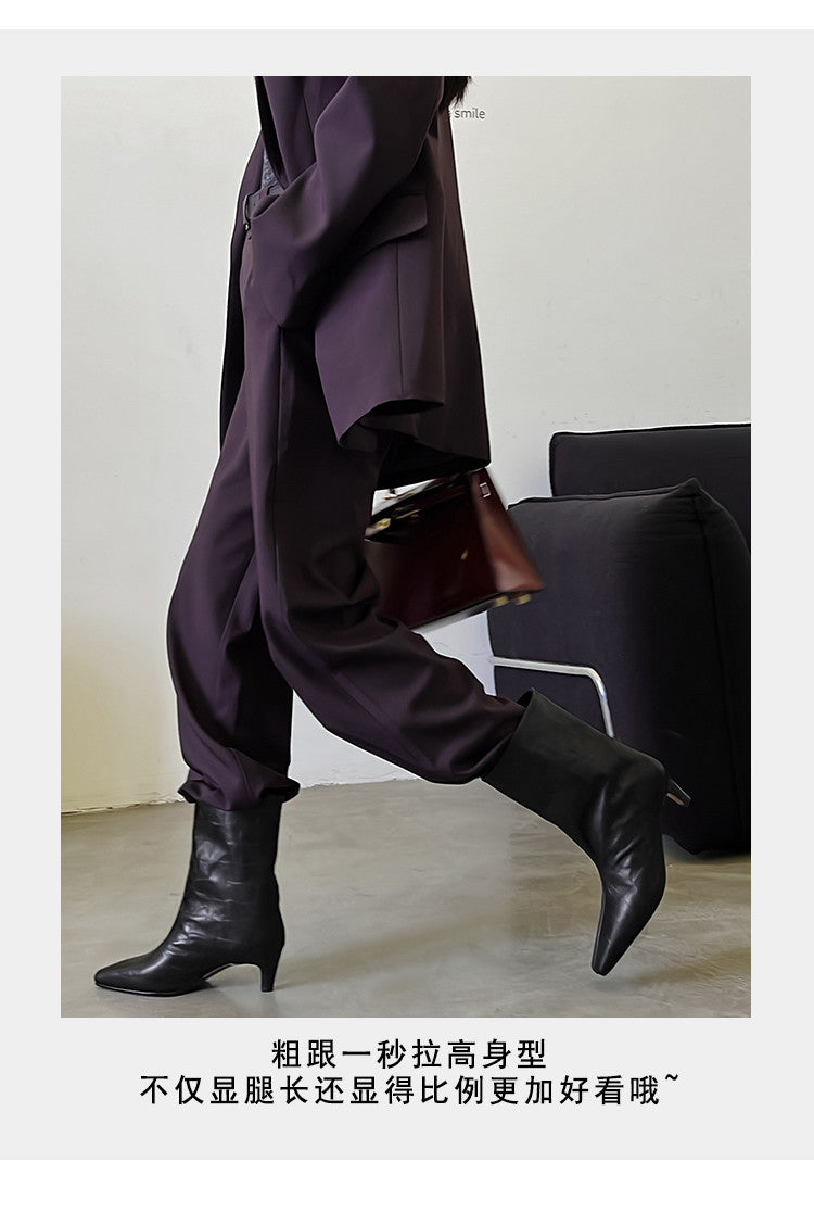 Karin Luna In Stock Spot Goods Top Layer Stone Pattern Cowhide Textured Small Square Toe Straight Short Boots