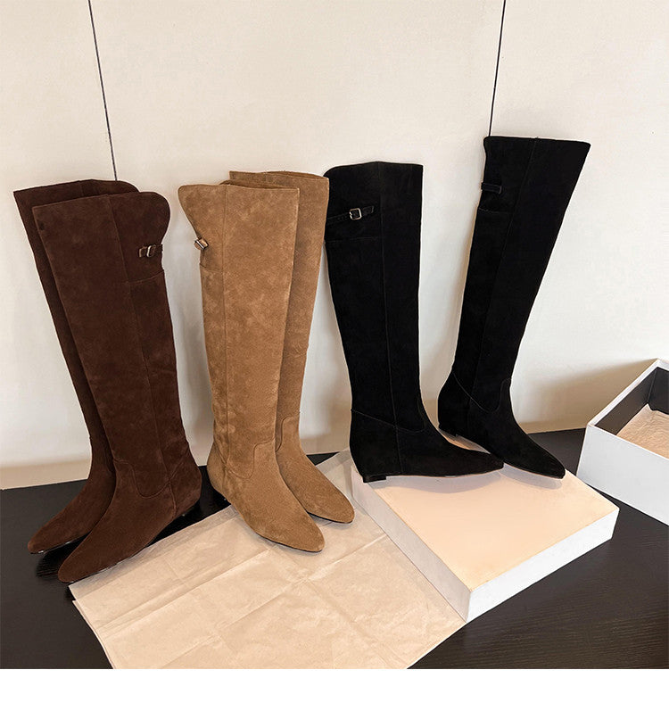 Karin Luna In Stock Spot Goods Vintage Cowhide Leather Two-Way Wear Pointed Toe Height-Increasing Long Boots