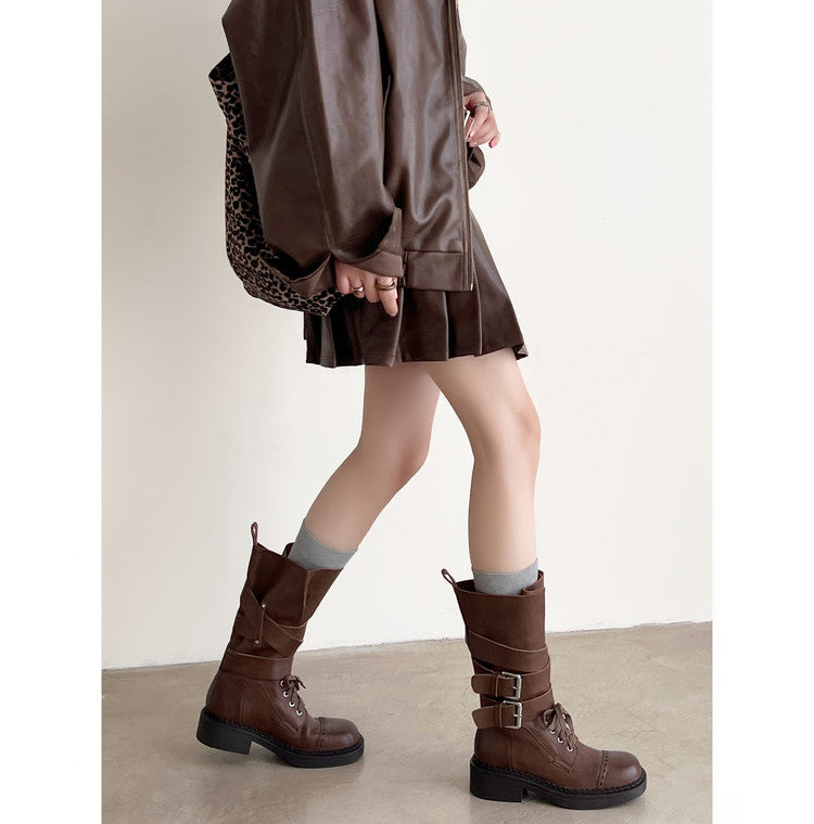 Karin Luna Bestseller Hot-Selling Large Tube Leather Belt Buckle Round Toe Thick-Soled Short Boots
