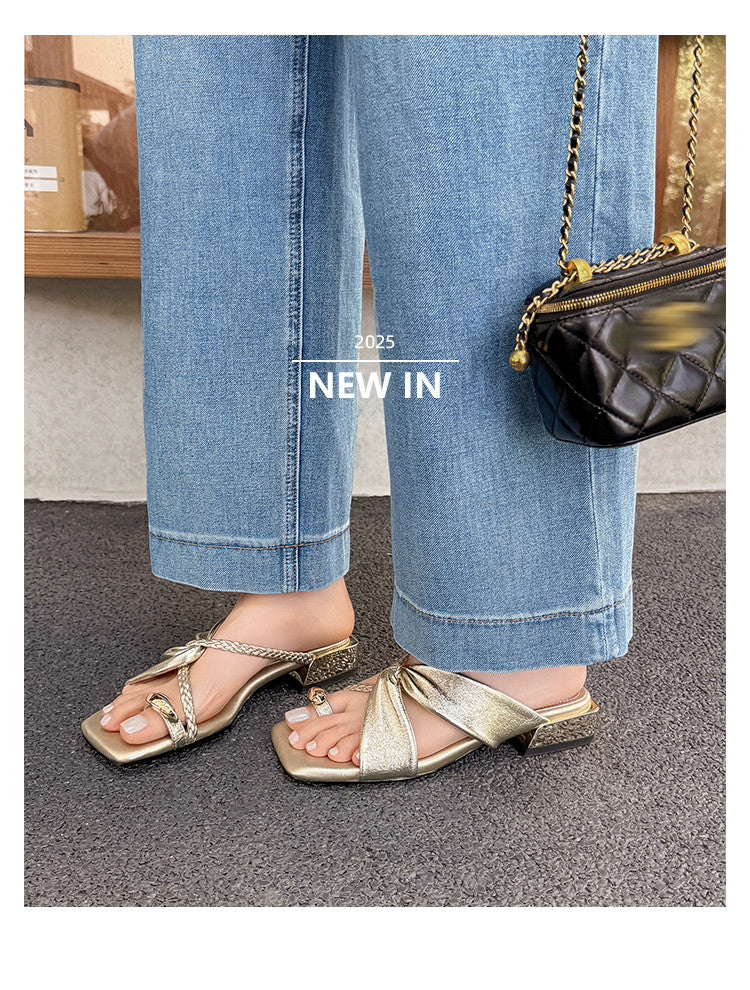 Karin Luna  Square Toe Braided Cross Thick Heel Flat Slippers