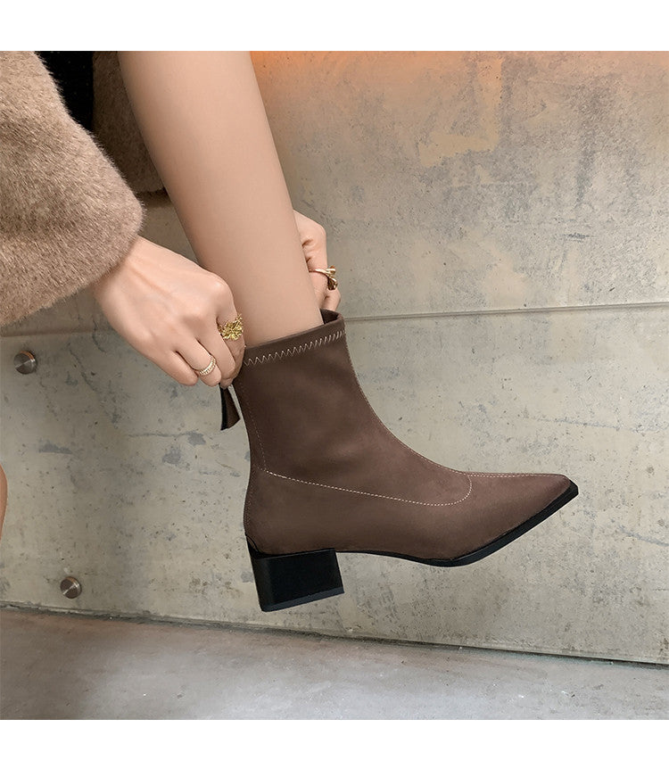 Karin Luna In Stock In Stock Elastic Slim Pointed Toe Chunky Heel Basic Ankle Boots