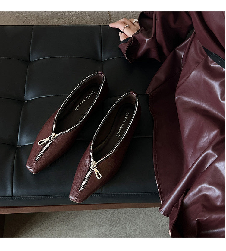 Karin Luna In Stock In Stock ~Basic Versatile Light Luxury Zipper Small Square Toe Flats