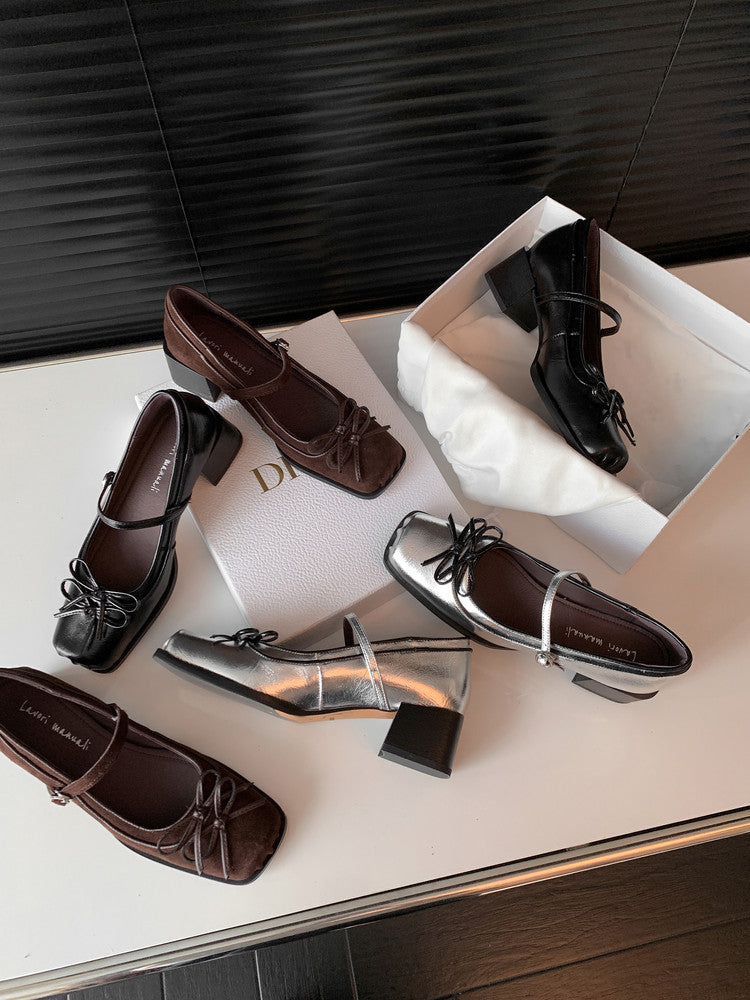 Karin Luna In Stock Spot Goods   One-strap Bowknot Square Toe Chunky Heel Mary Jane Shoes