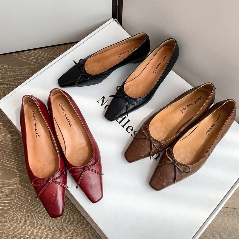 Karin Luna Full Layer Inside and Out~Basic Versatile Small Square Toe Butterfly Knot Irregular Heel Single Shoes