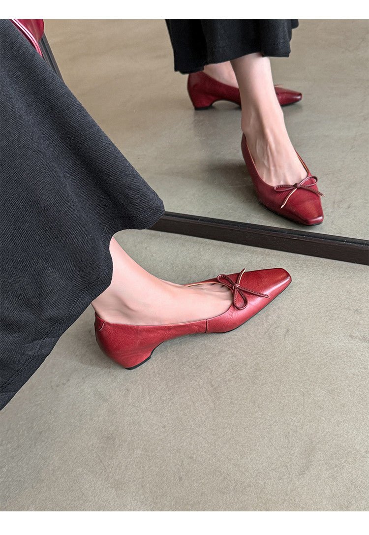 Karin Luna Full Layer Inside and Out~Basic Versatile Small Square Toe Butterfly Knot Irregular Heel Single Shoes