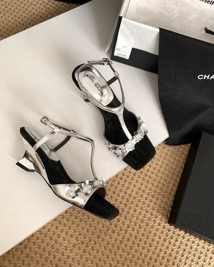 Karin Luna Hot-Selling Sequin Floral Series ~  Square Toe Irregular Heel Square Toe Sandals