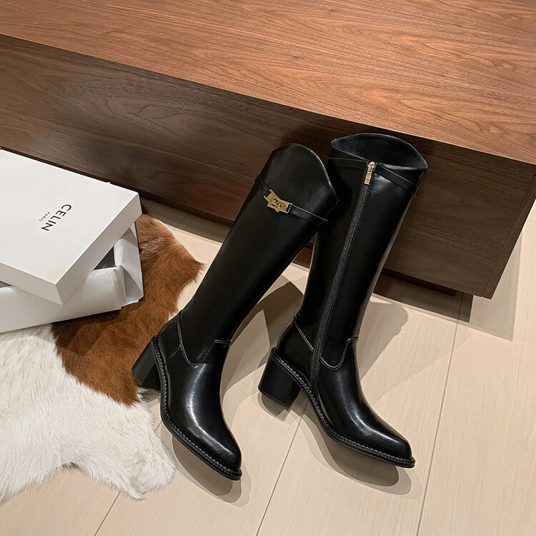 Karin Luna Hot-Selling Fasteners Sold as soon as listed Comes with data plan included Pointed Toe Chunky Heel Classic Full Cowhide Leather Riding Boots
