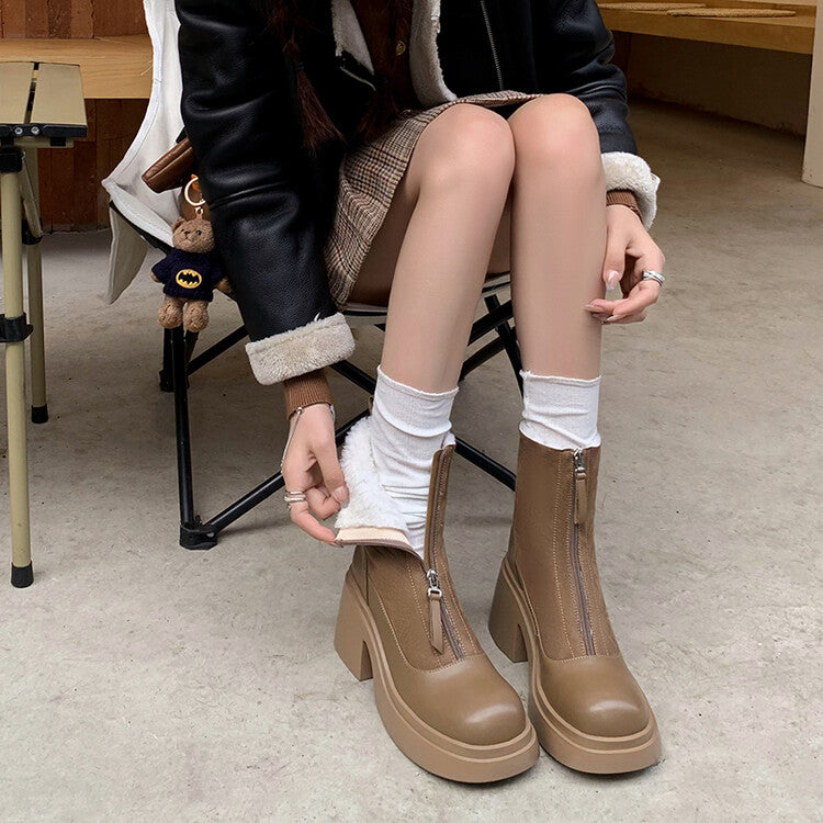 Karin Luna Basic Bestseller Timeless Thick Fur Lined Round Toe Thick Sole Cowhide Snow Boots