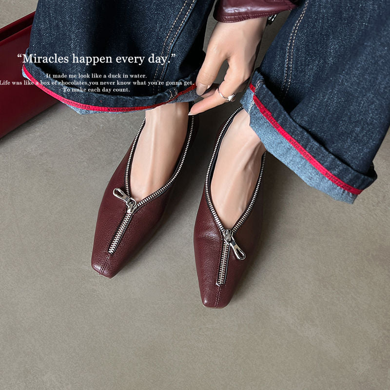 Karin Luna In Stock In Stock ~Basic Versatile Light Luxury Zipper Small Square Toe Flats