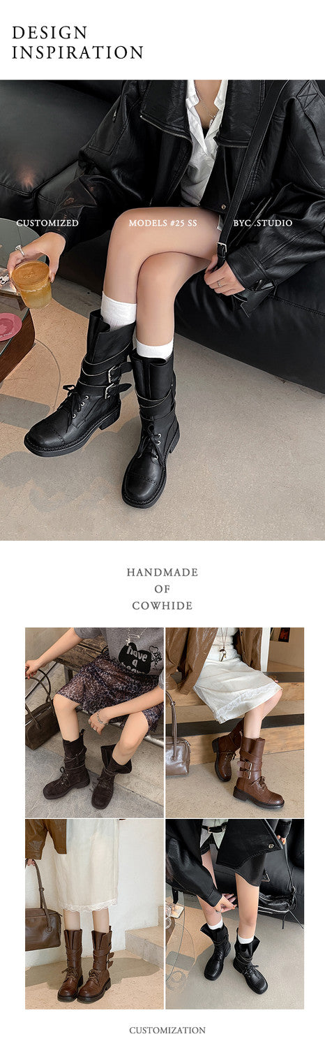 Karin Luna Bestseller Hot-Selling Large Tube Leather Belt Buckle Round Toe Thick-Soled Short Boots